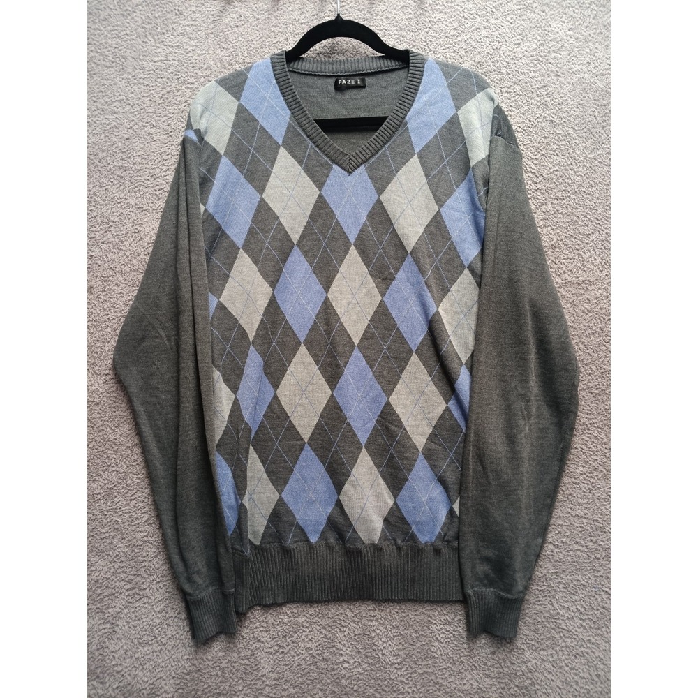 FAZE I Argyle V-Neck Sweater Men's L Gray Blue Knit Pullover